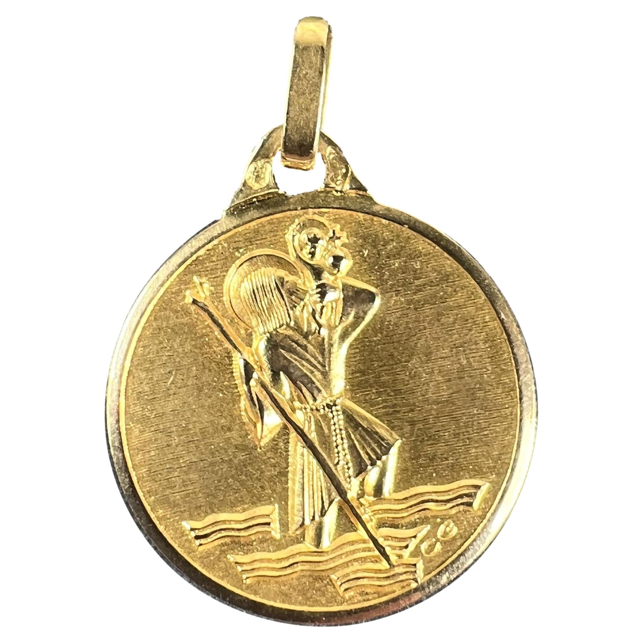 Vintage French Saint Christopher 18K Yellow Gold Charm Pendant Medal