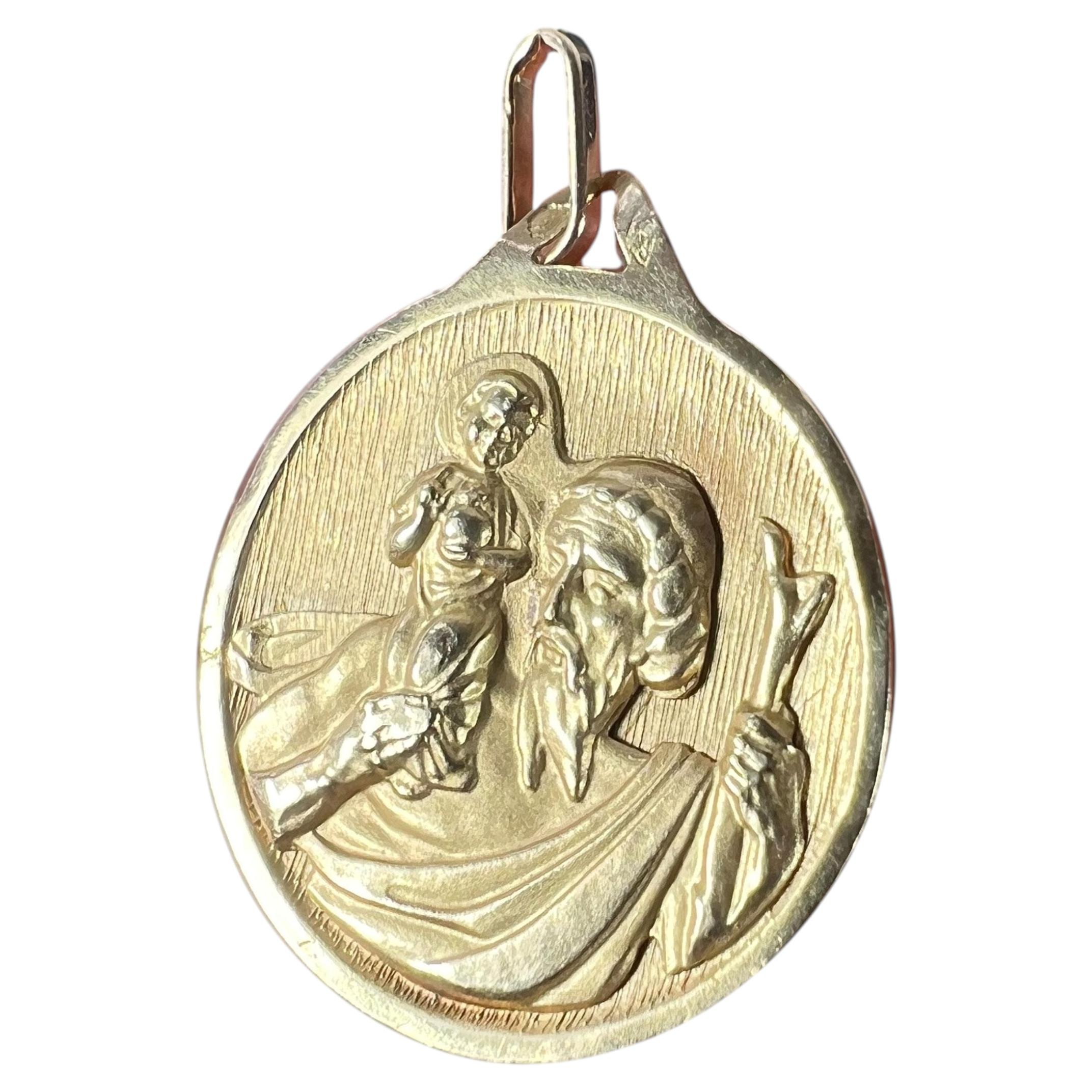 Vintage French Saint Christopher 18K Yellow Gold Charm Pendant Medal For Sale
