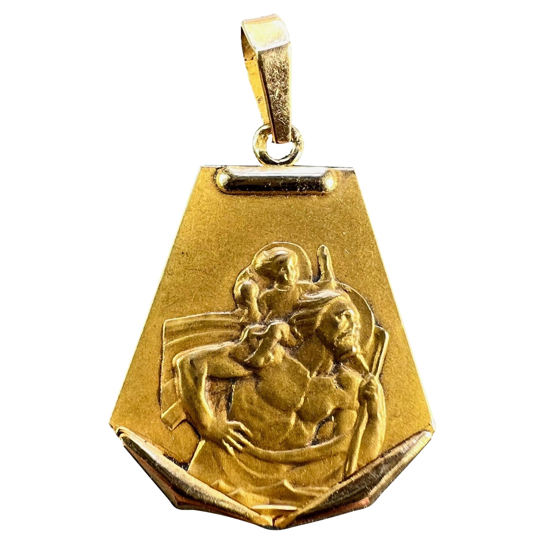 Vintage French Saint Christopher 18K Yellow Gold Medal Pendant For Sale
