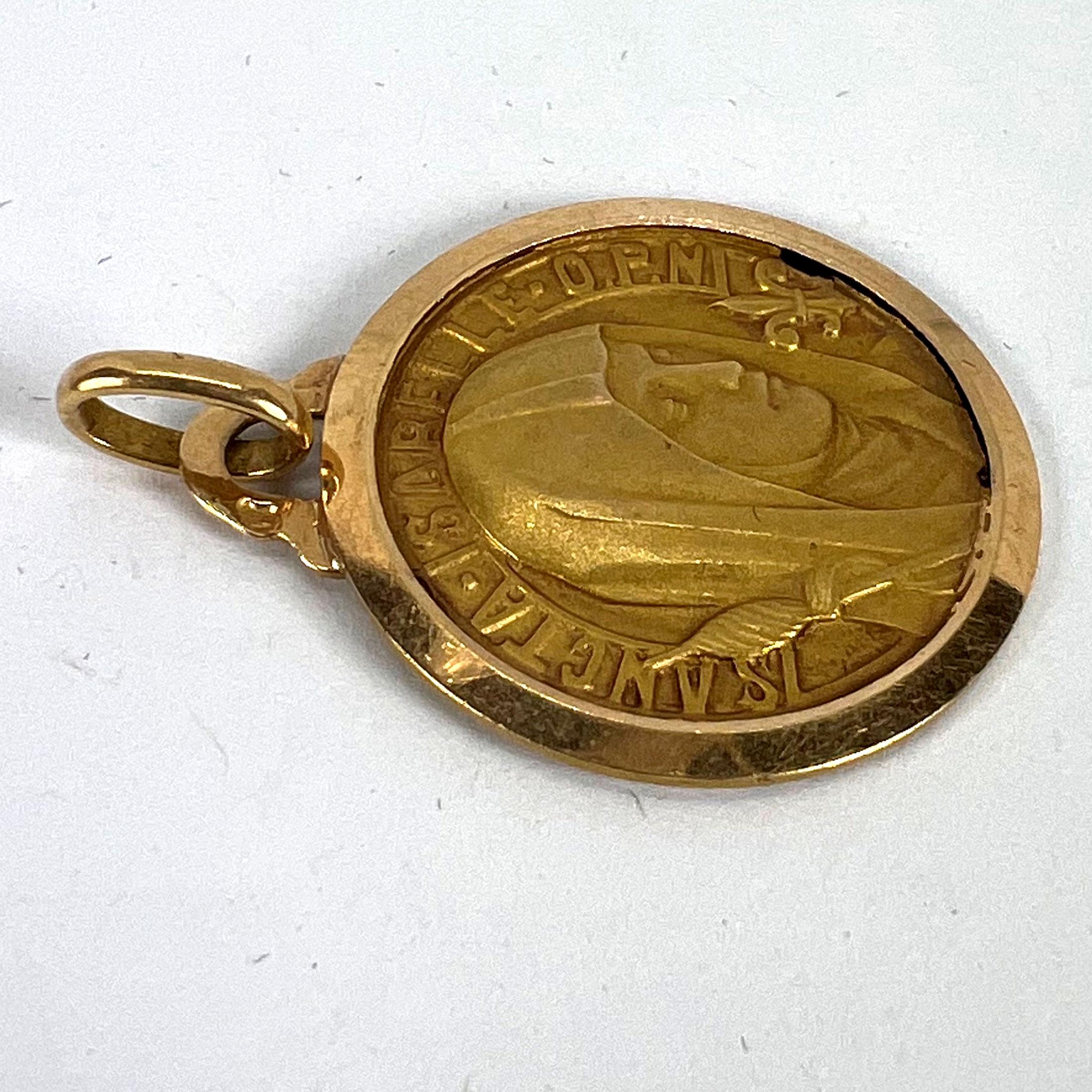 Vintage French Saint Isabelle of France 18 Karat Yellow Gold Medal Charm Pendant For Sale 9