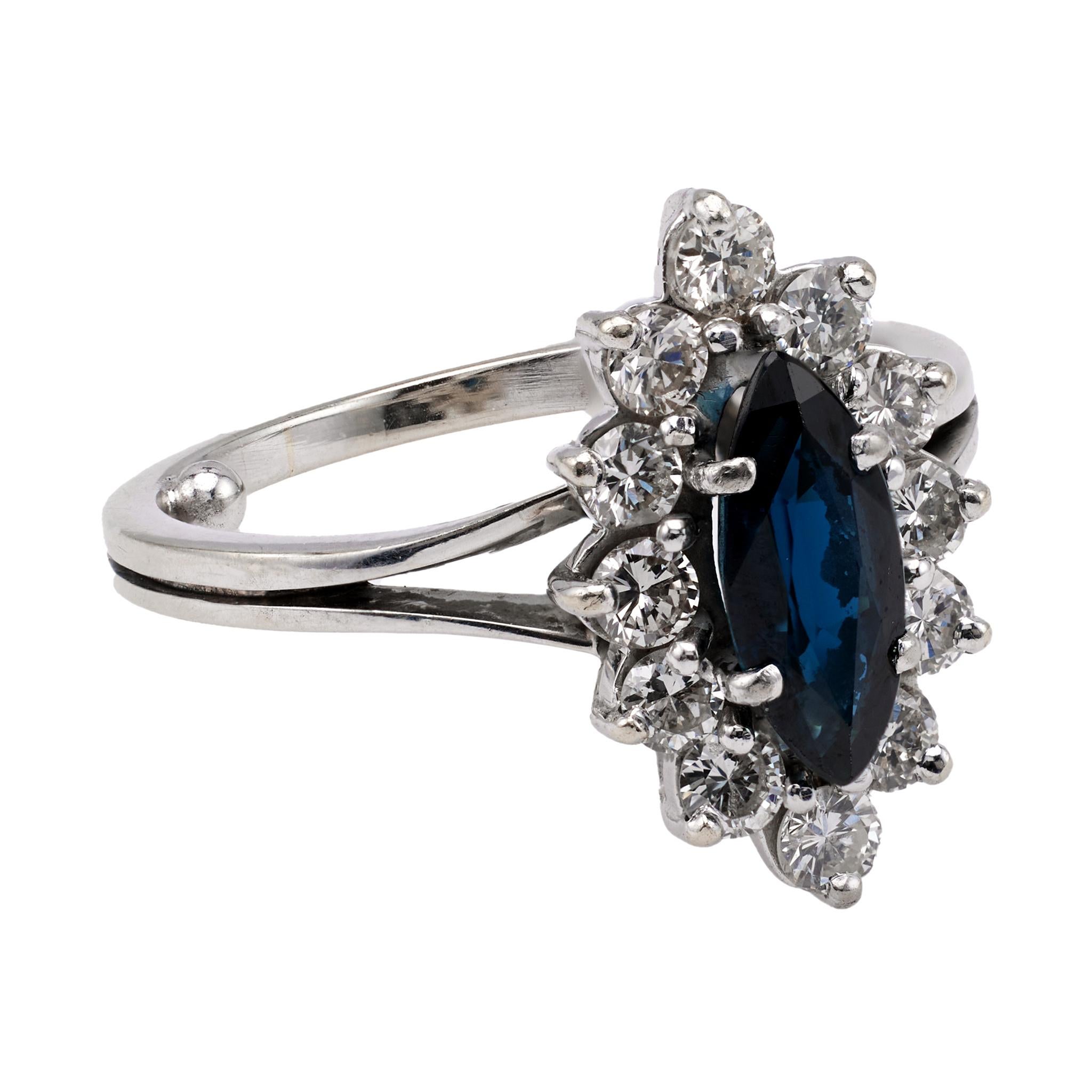 Women's or Men's Vintage French Sapphire and Diamond 18k White Gold Cluster Ring For Sale