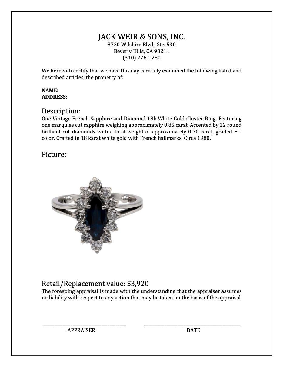 Vintage French Sapphire and Diamond 18k White Gold Cluster Ring For Sale 1