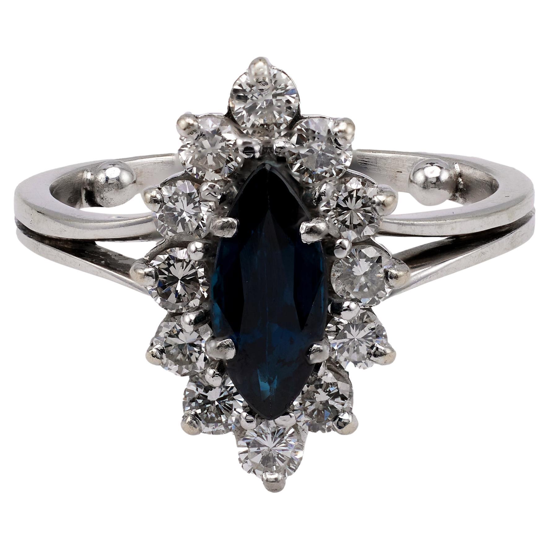 Vintage French Sapphire and Diamond 18k White Gold Cluster Ring For Sale