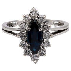 Retro French Sapphire and Diamond 18k White Gold Cluster Ring