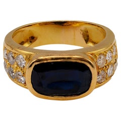 Retro French Sapphire and Diamond 18k Yellow Gold Ring