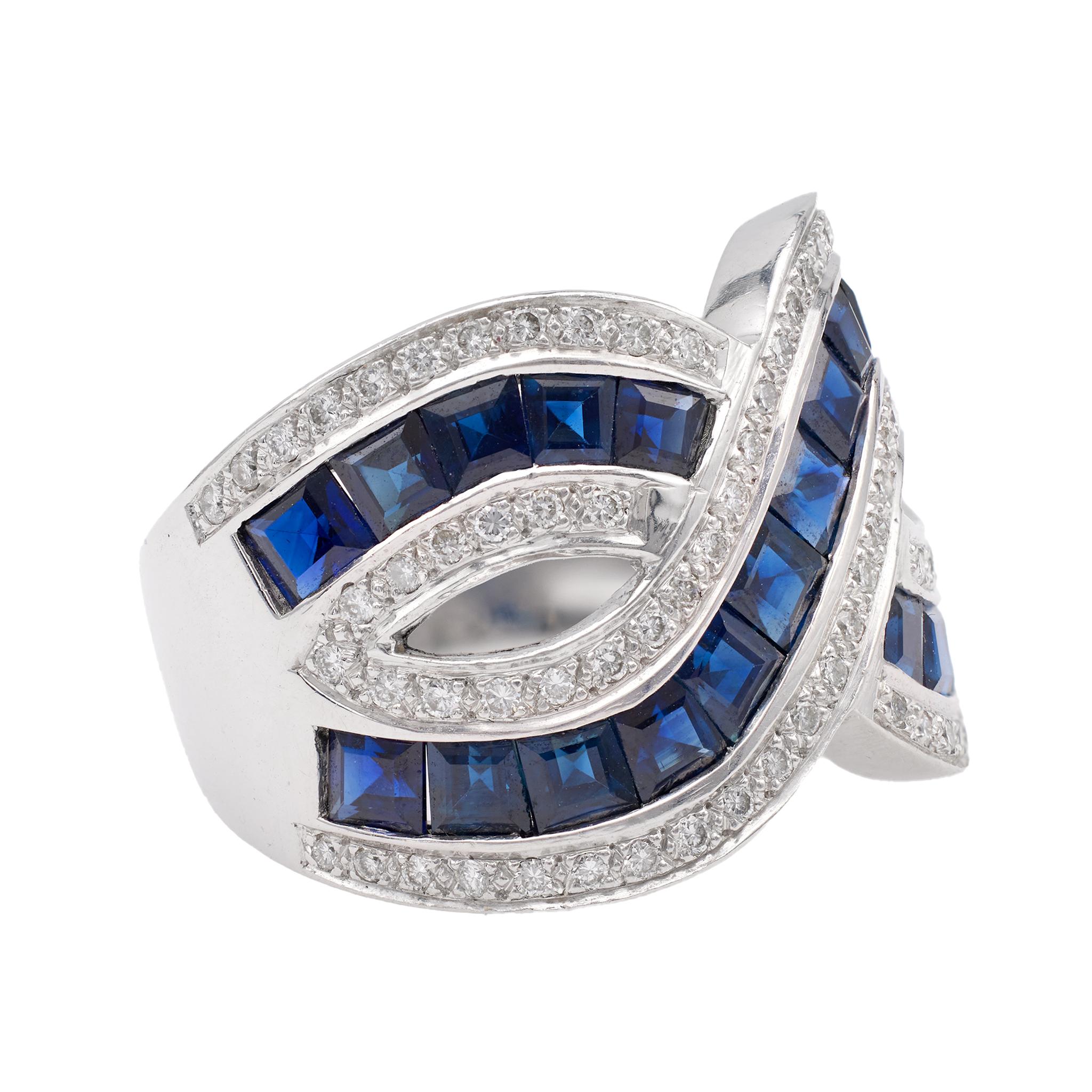 Französischer Saphir-Diamant-Crossover-Ring aus 18k Weißgold für Damen oder Herren im Angebot
