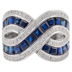 Retro French Sapphire Diamond 18k White Gold Crossover Ring