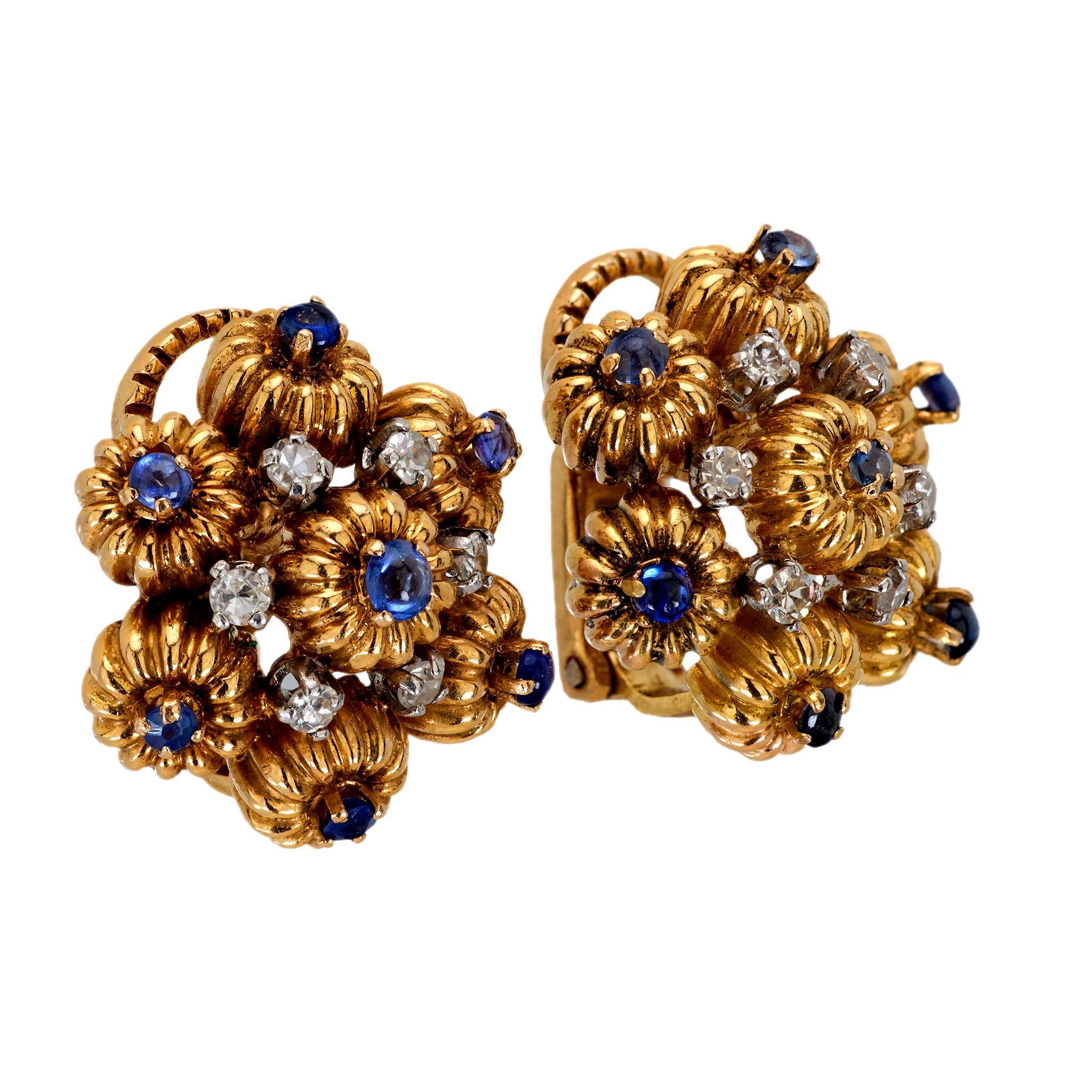 Moderno Orecchini francesi d'epoca con zaffiro e diamante in oro giallo 18 carati in vendita