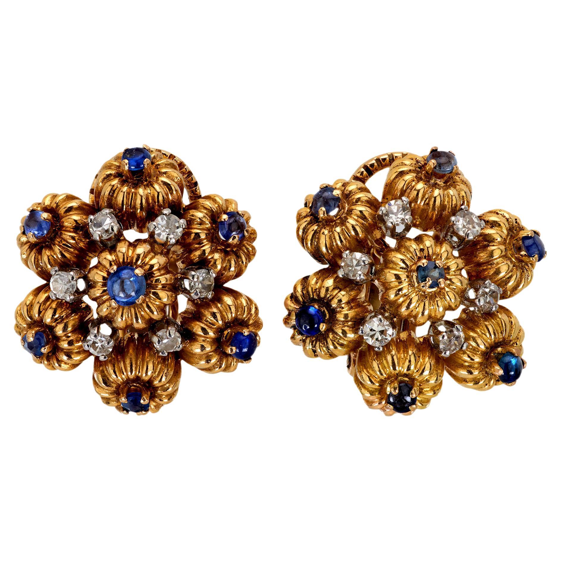 Französische Vintage-Ohrringe aus 18 Karat Gelbgold mit Saphir und Diamant