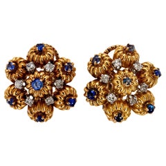 Pendientes vintage franceses zafiro diamante oro amarillo 18k