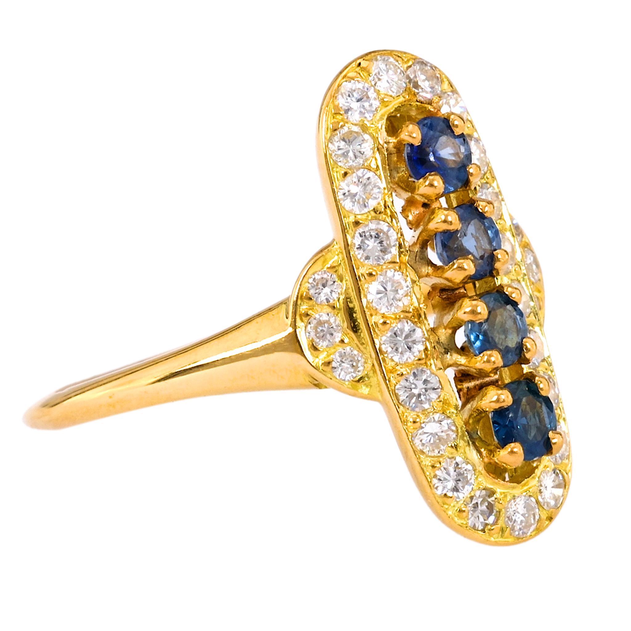 Brilliant Cut Vintage French Sapphire Diamond 18K Yellow Gold Navette Ring