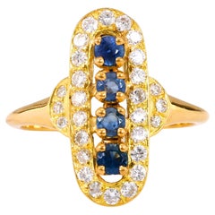 Vintage French Sapphire Diamond 18K Yellow Gold Navette Ring