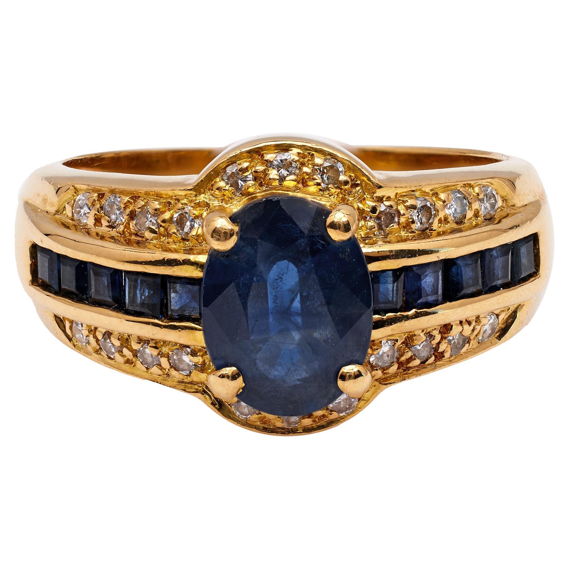 Vintage French Sapphire Diamond 18k Yellow Gold Ring For Sale