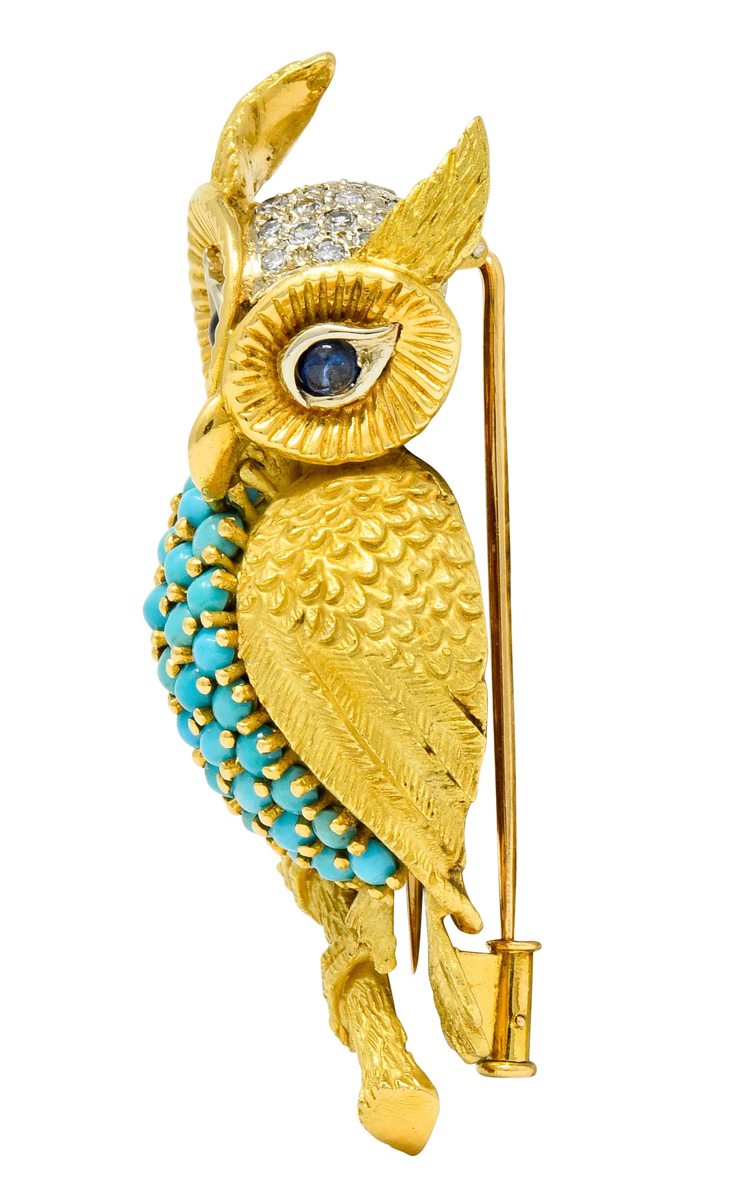 Brooch designed as a long-eared owl, perched on a branch, with a pavè diamond crown and piercing blue sapphire cabochon eyes

Single cut diamonds are bead set in white gold and weigh approximately 0.45 carat total, H/I color with SI