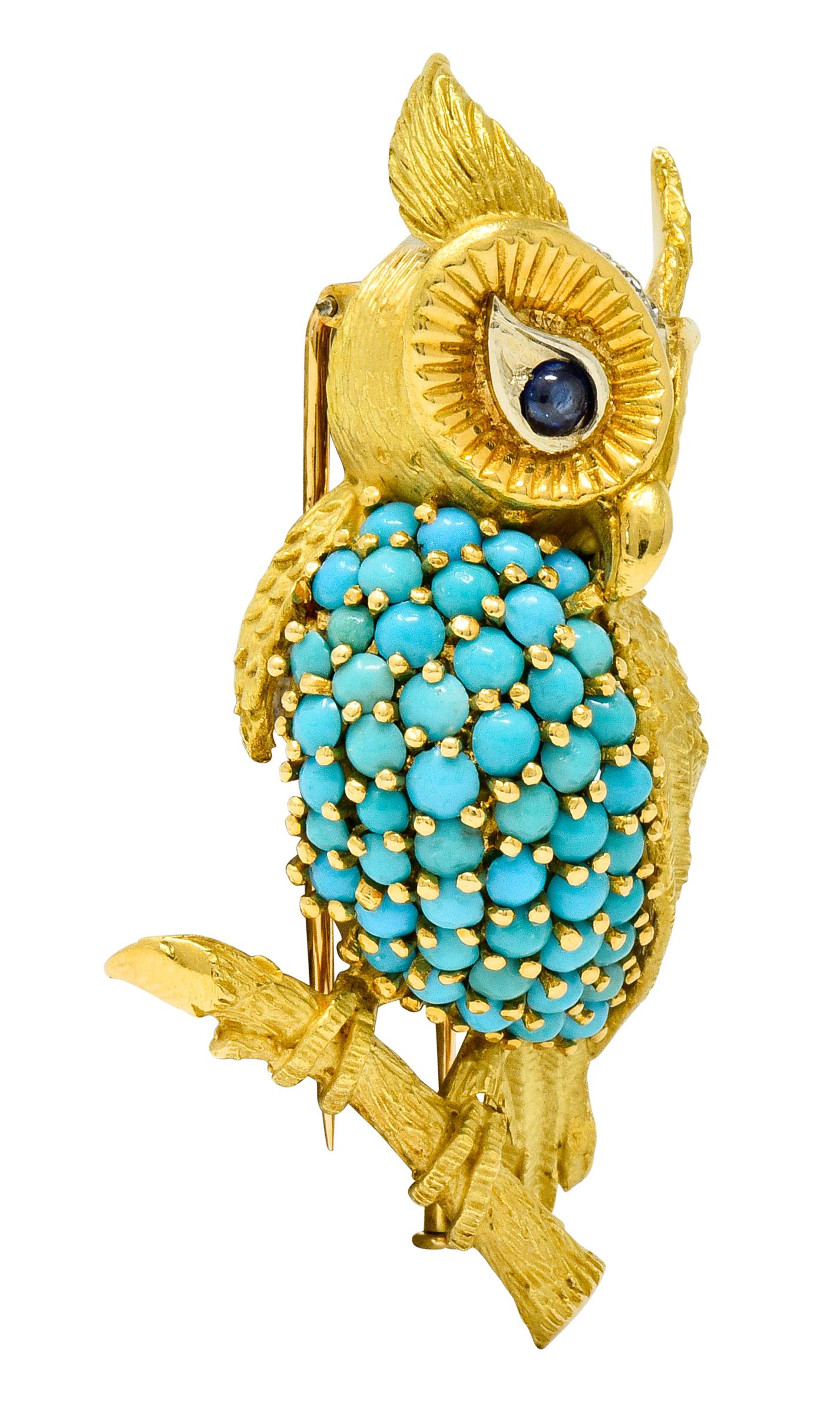 Contemporary Vintage French Sapphire Diamond Turquoise 18 Karat Two-Tone Gold Long-Eared Owl
