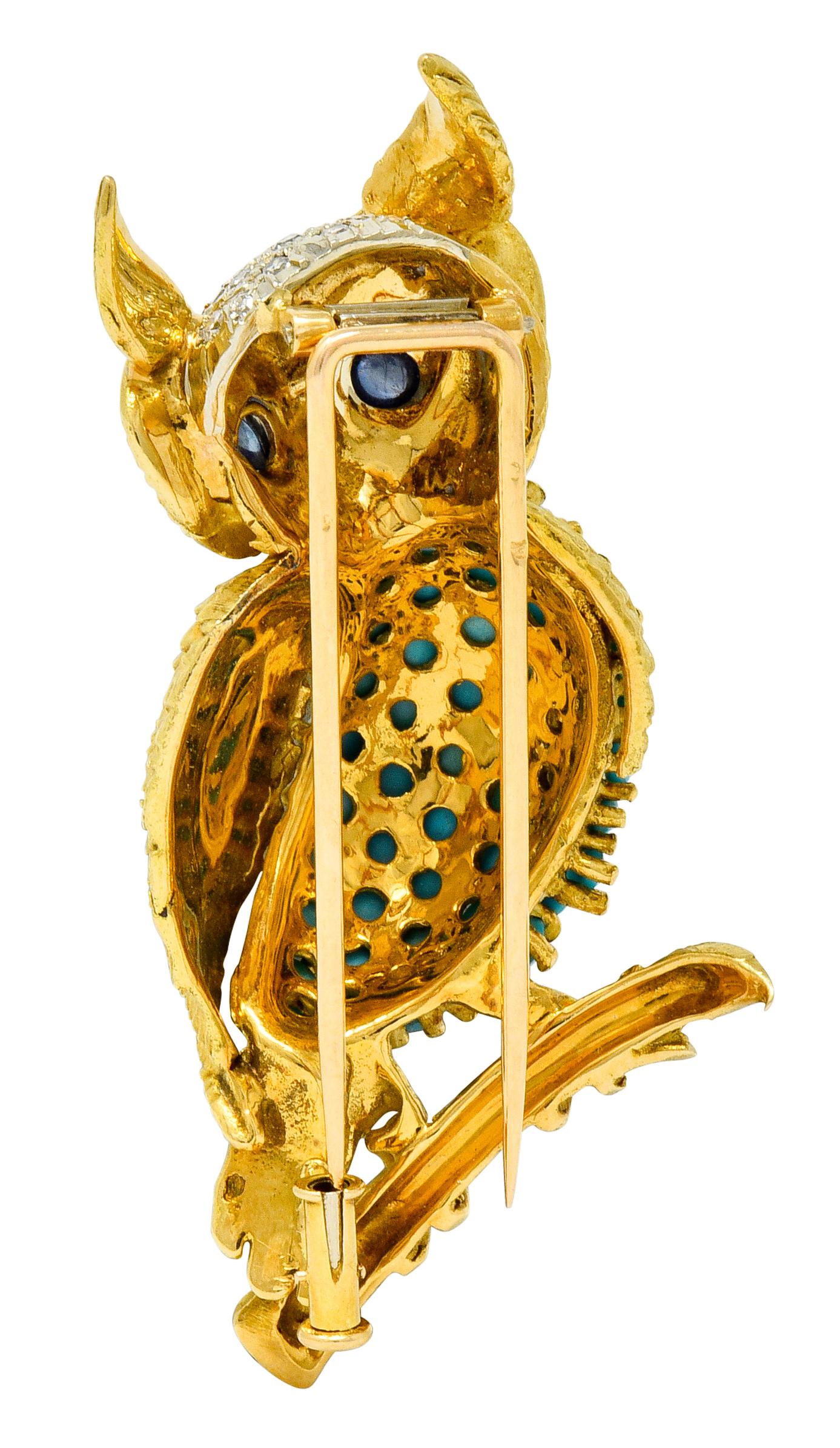 Cabochon Vintage French Sapphire Diamond Turquoise 18 Karat Two-Tone Gold Long-Eared Owl