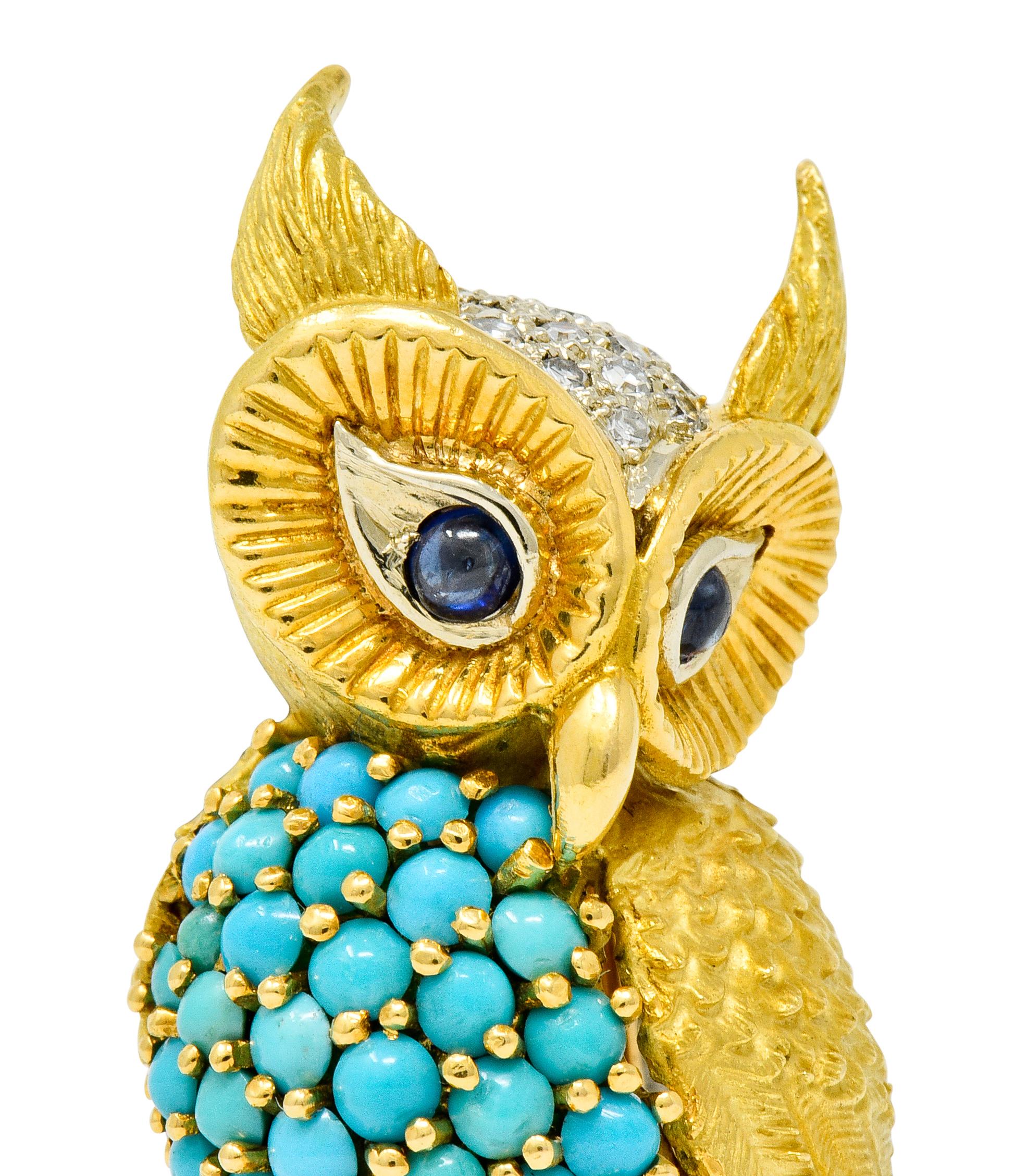 Vintage French Sapphire Diamond Turquoise 18 Karat Two-Tone Gold Long-Eared Owl In Excellent Condition In Philadelphia, PA