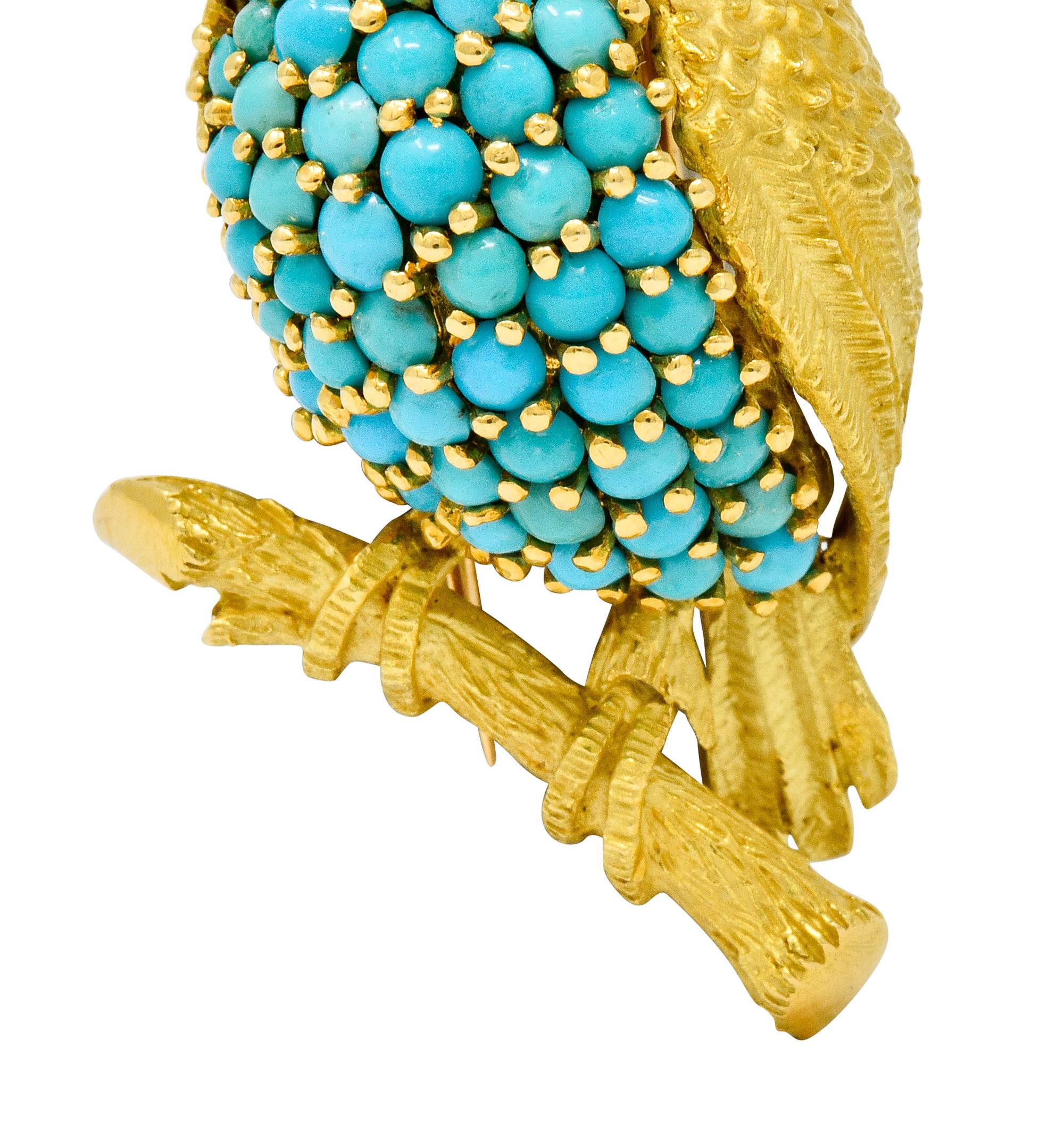 Women's or Men's Vintage French Sapphire Diamond Turquoise 18 Karat Two-Tone Gold Long-Eared Owl