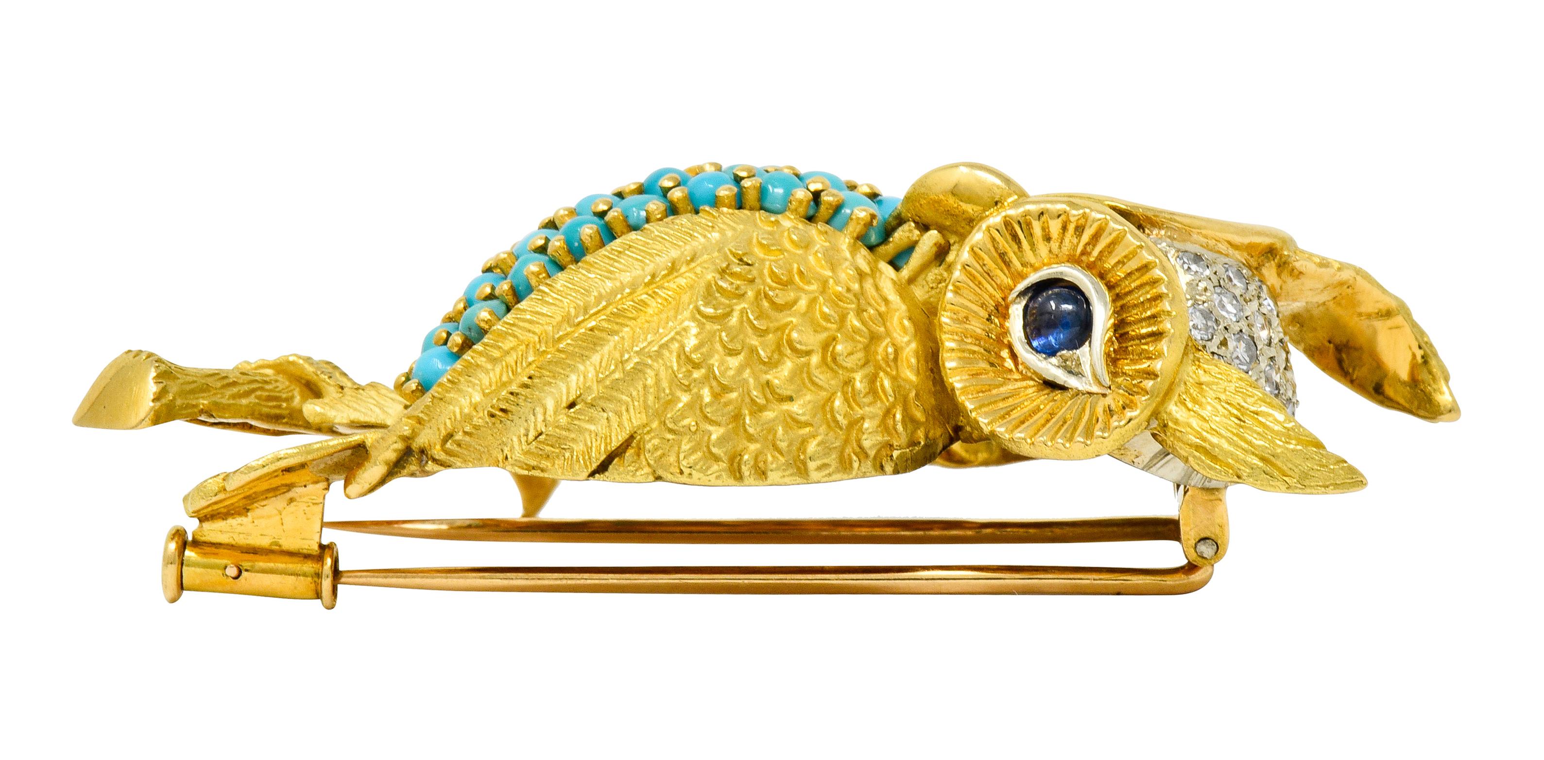 Vintage French Sapphire Diamond Turquoise 18 Karat Two-Tone Gold Long-Eared Owl 3
