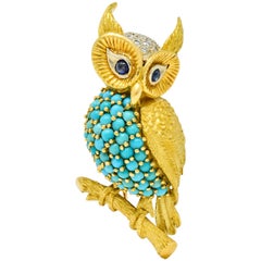 Retro French Sapphire Diamond Turquoise 18 Karat Two-Tone Gold Long-Eared Owl