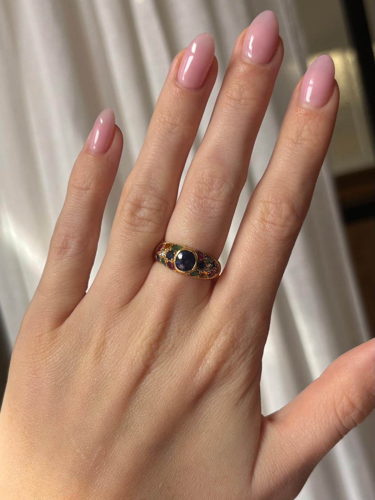 Vintage French Sapphire, Emerald, Ruby and Diamond Bombe Ring in 18k Yellow Gold For Sale 4