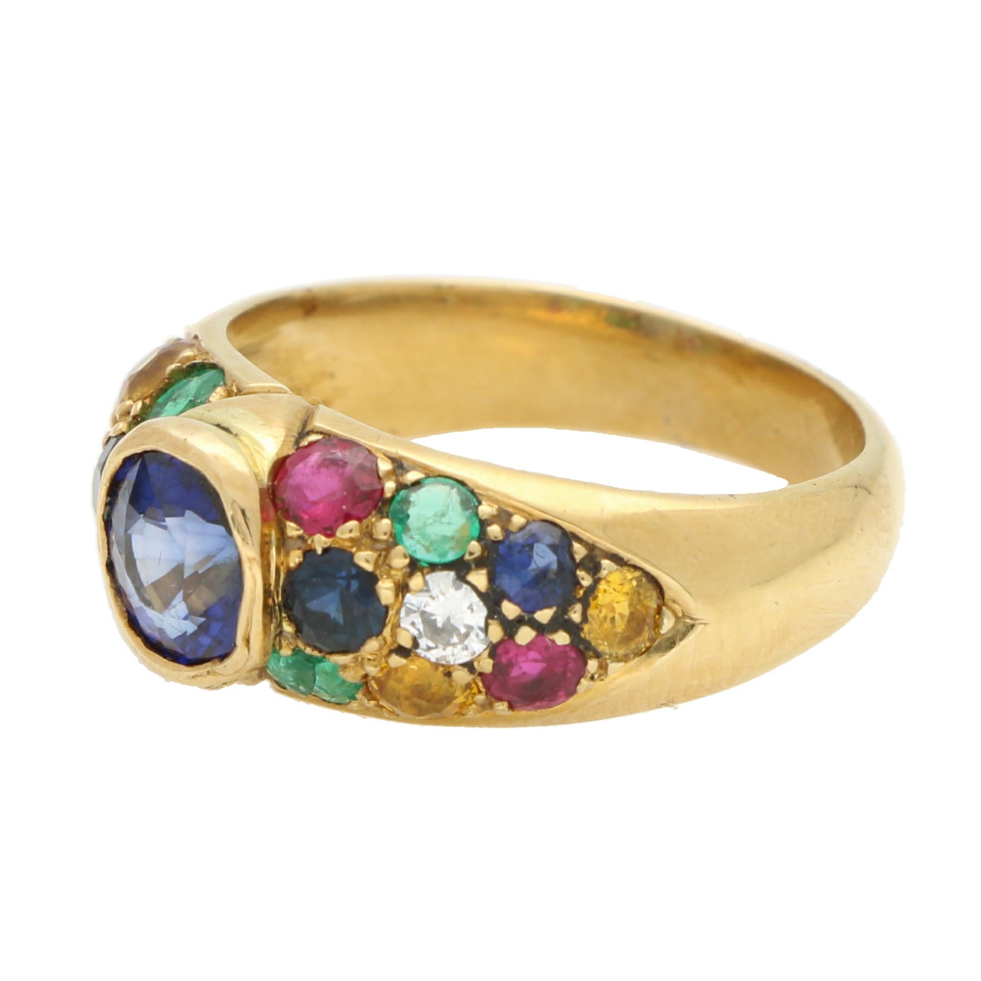 Modern Vintage French Sapphire, Emerald, Ruby and Diamond Bombe Ring in 18k Yellow Gold For Sale