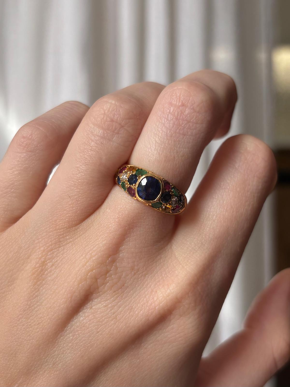 Cushion Cut Vintage French Sapphire, Emerald, Ruby and Diamond Bombe Ring in 18k Yellow Gold For Sale