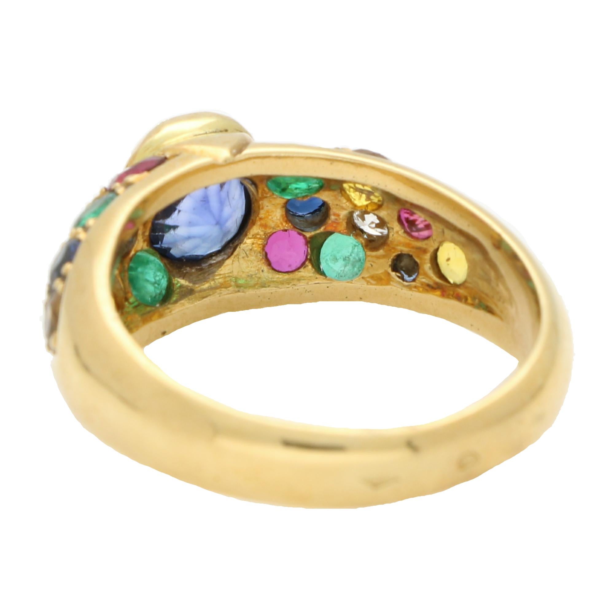 Vintage French Sapphire, Emerald, Ruby and Diamond Bombe Ring in 18k Yellow Gold In Good Condition For Sale In London, GB