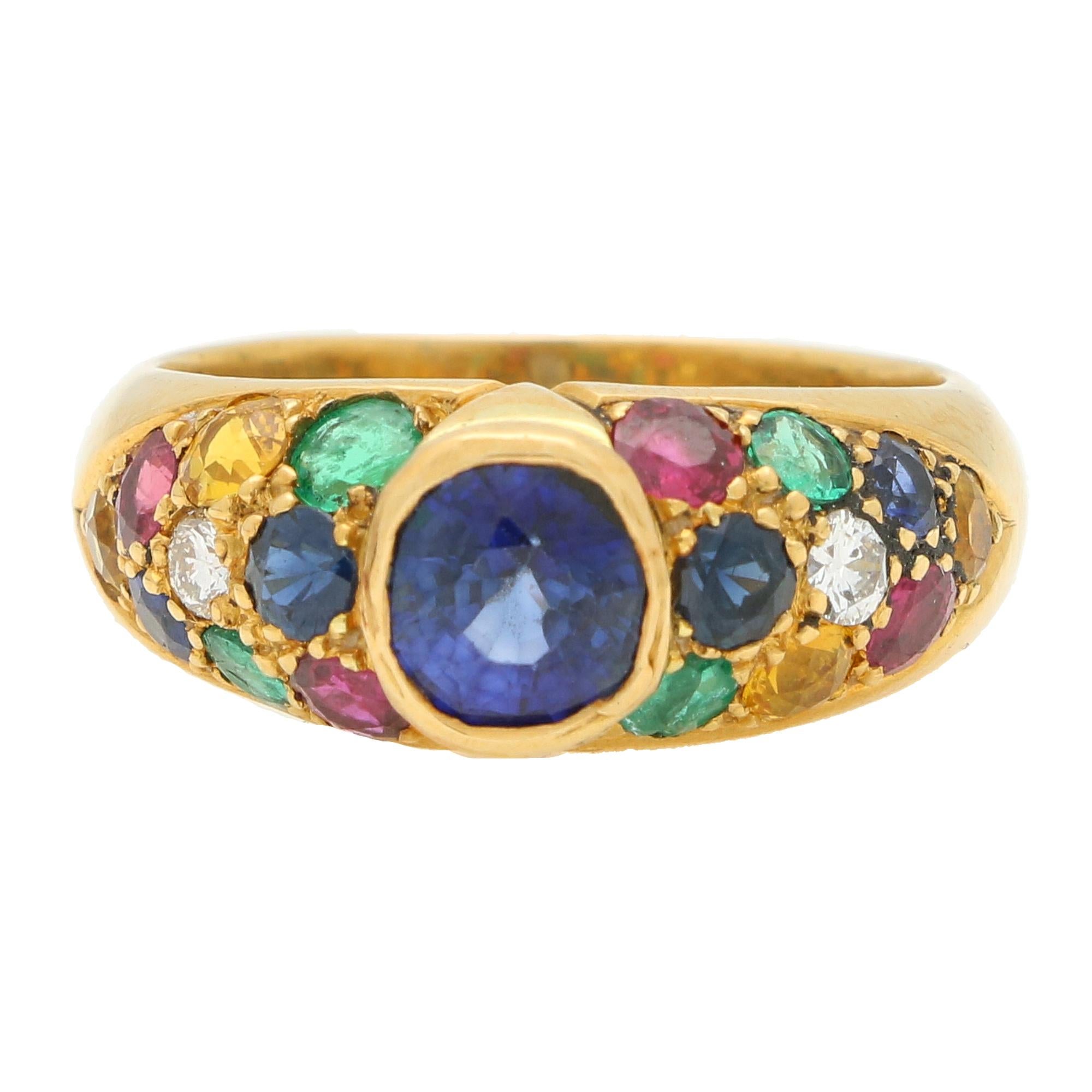 Women's or Men's Vintage French Sapphire, Emerald, Ruby and Diamond Bombe Ring in 18k Yellow Gold For Sale
