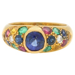 Anello francese vintage con zaffiro, smeraldo, rubino e diamante in oro giallo 18 ct.