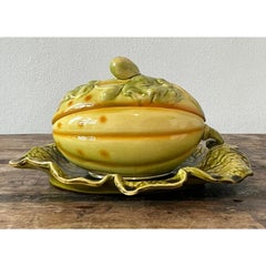 Vintage French Sarreguemines Glazed Ceramic Lidded Melon Bowl