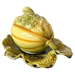 Vintage French Sarreguemines Glazed Ceramic Lidded Melon Bowl