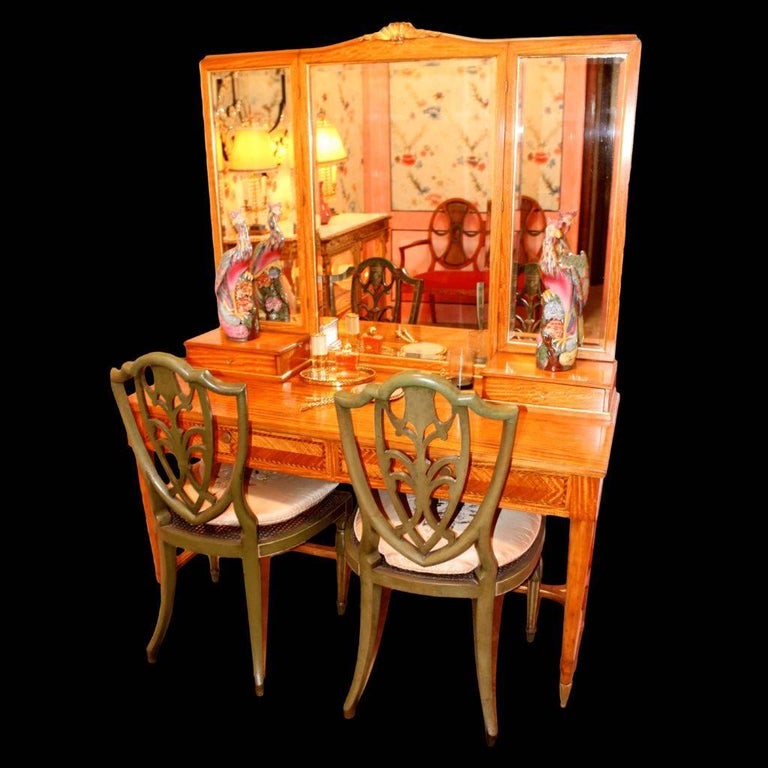 Vintage French Satinwood Vanity Table with Inlaid Wood and Gold Accents