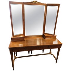 Vintage French Satinwood Vanity Table with Inlaid Wood and Gold Accents