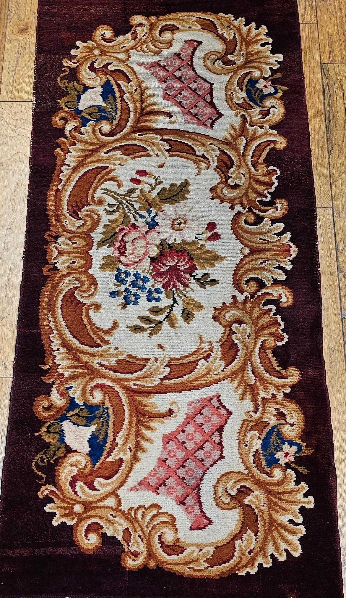 Vintage French Savonnerie in Floral Pattern in Chocolate Brown, Ivory, Red, Blue For Sale 7