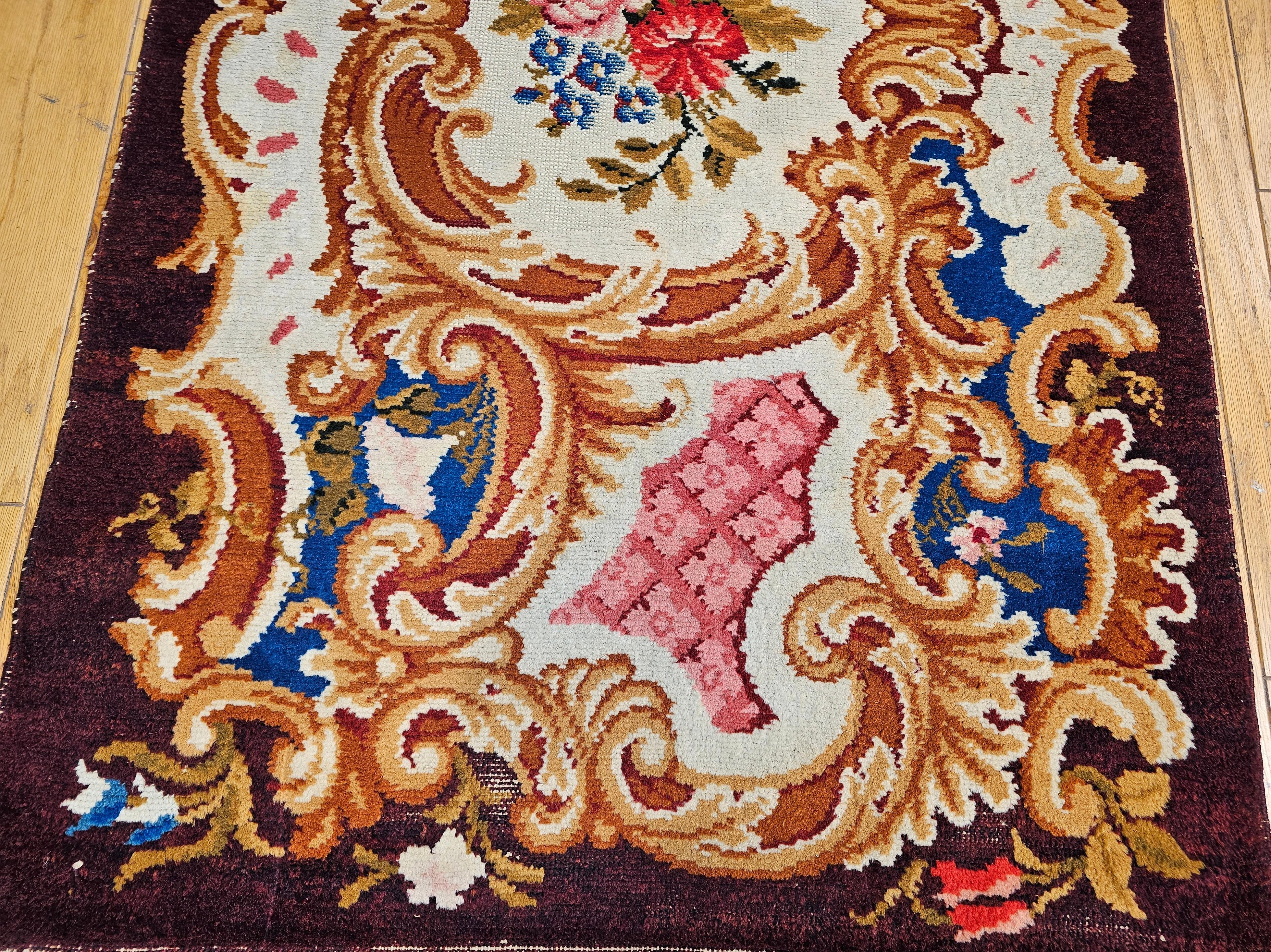 Hand-Woven Vintage French Savonnerie in Floral Pattern in Chocolate Brown, Ivory, Red, Blue For Sale