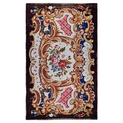 Antique French Savonnerie in Floral Pattern in Chocolate Brown, Ivory, Red, Blue