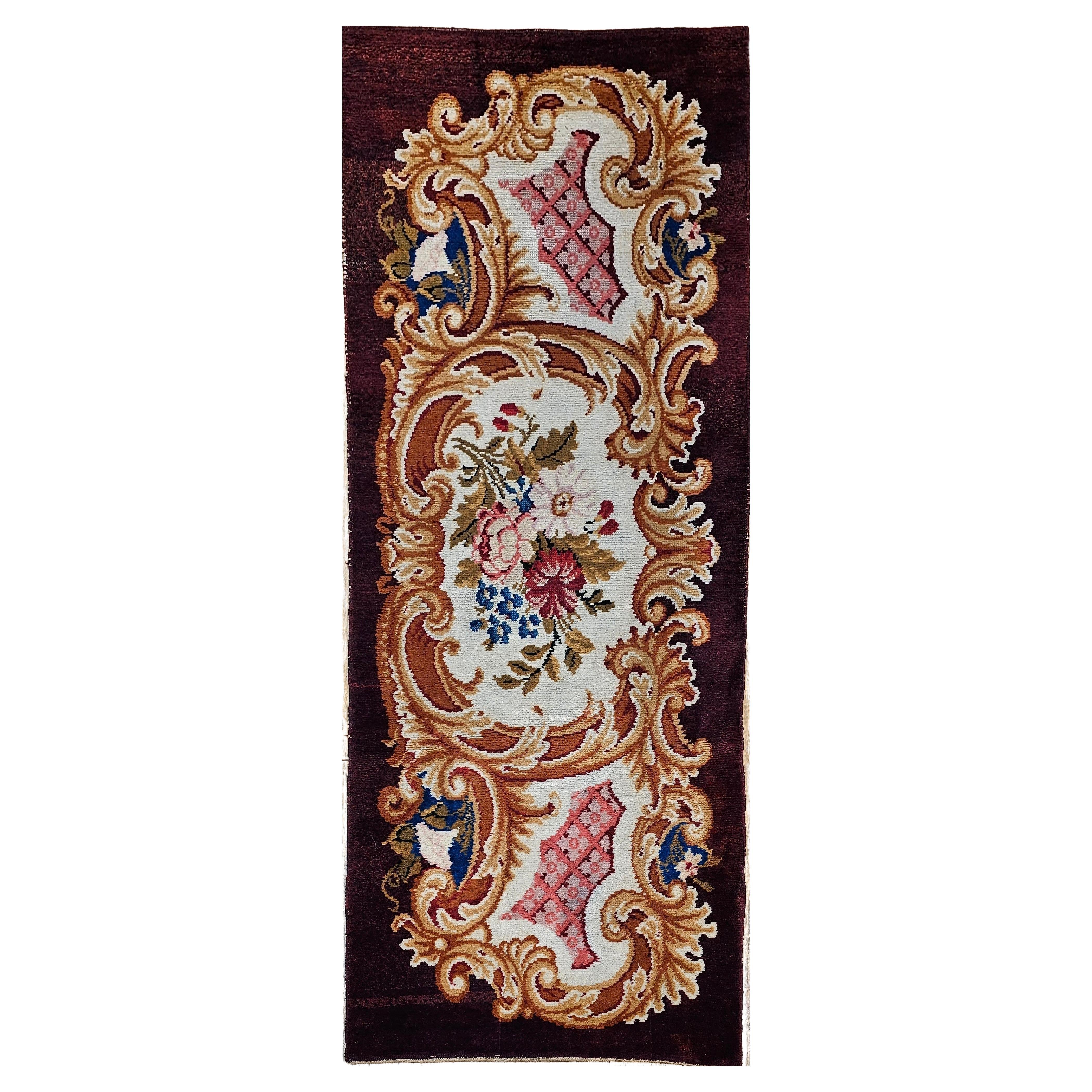 Vintage French Savonnerie in Floral Pattern in Chocolate Brown, Ivory, Red, Blue For Sale