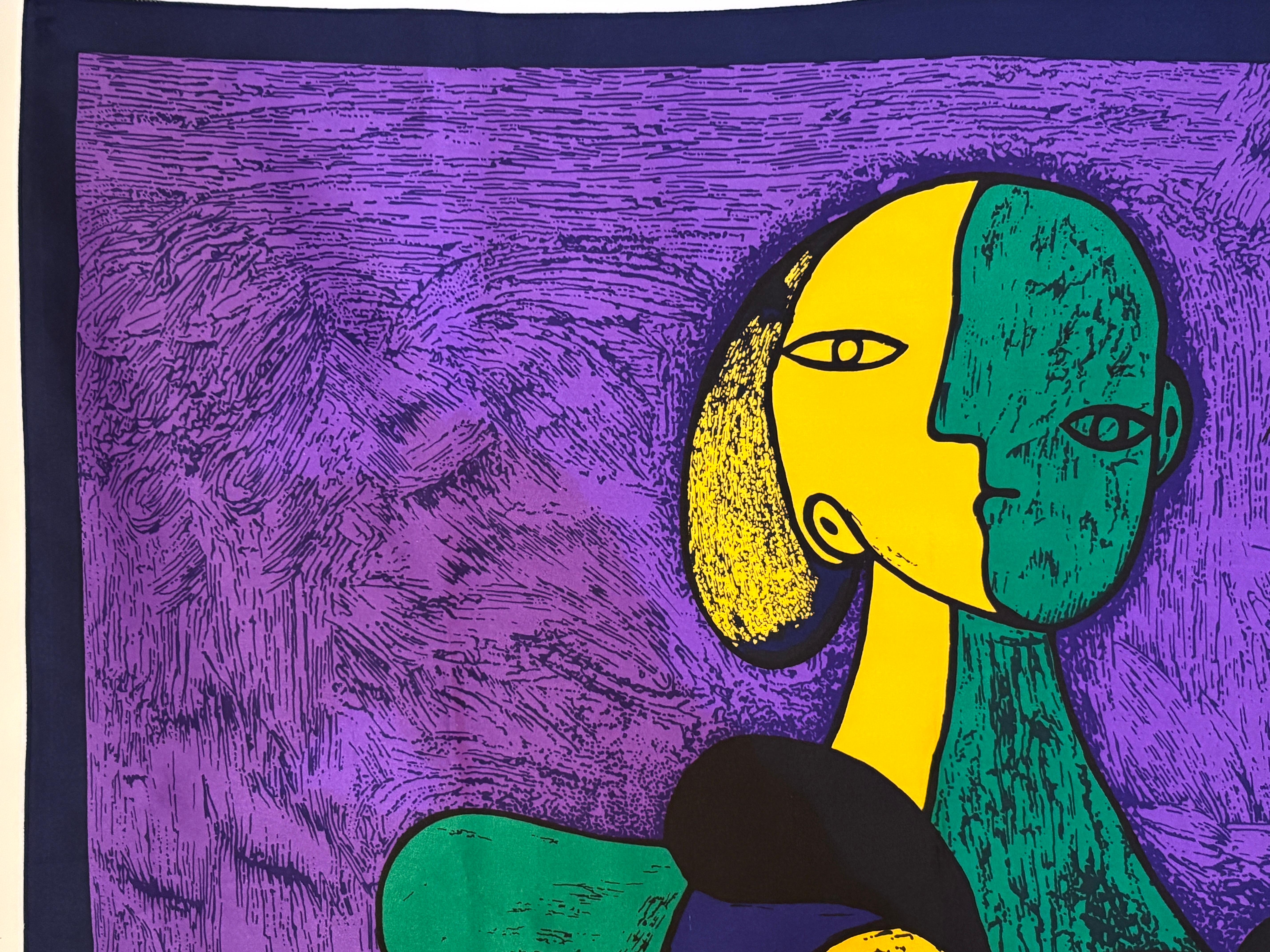 Französischer Vintage-Schal nach Pablo Picasso, kubistisches Porträt von „Femme Assise“, 1980er Jahre (Violett) im Angebot