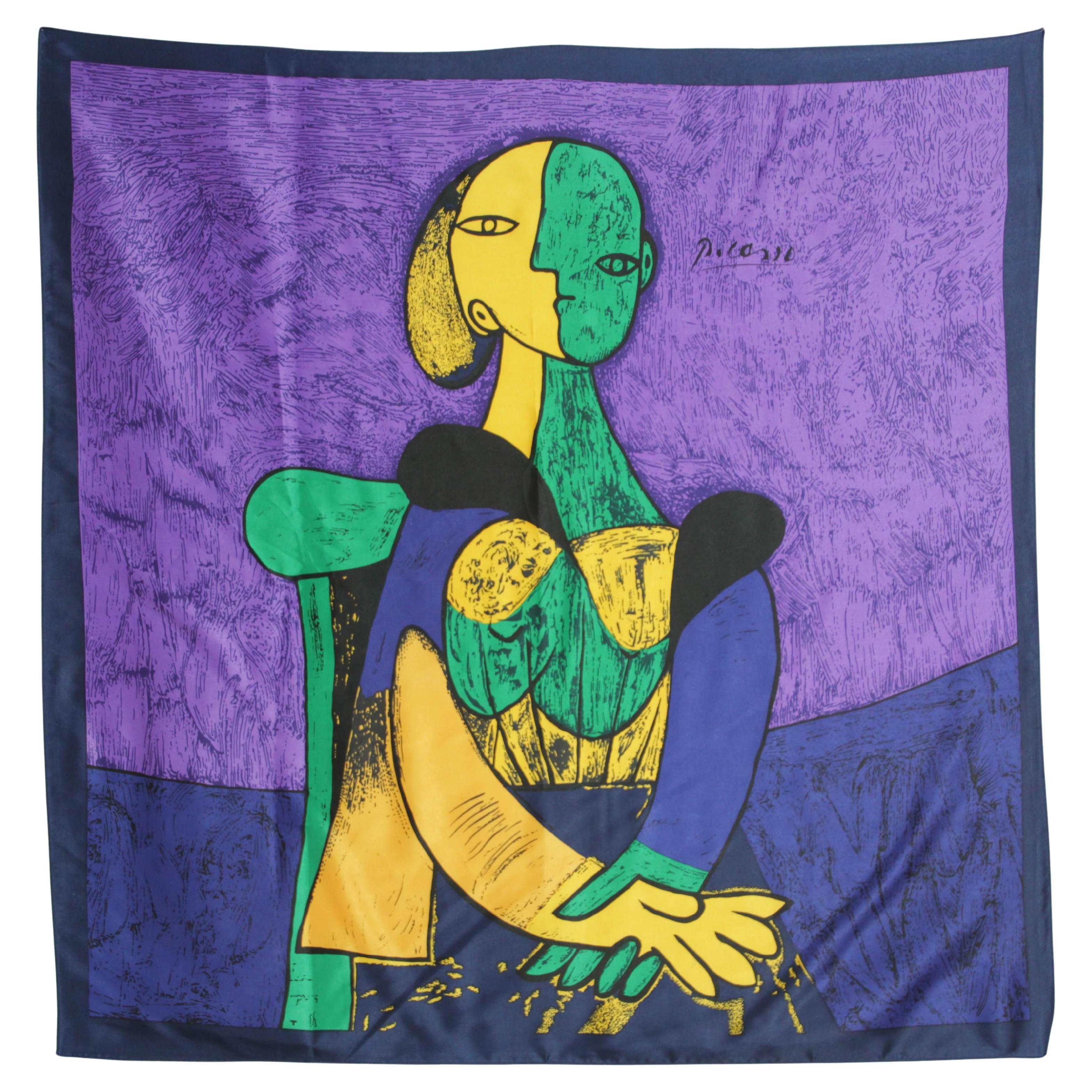Französischer Vintage-Schal nach Pablo Picasso, kubistisches Porträt von „Femme Assise“, 1980er Jahre im Angebot