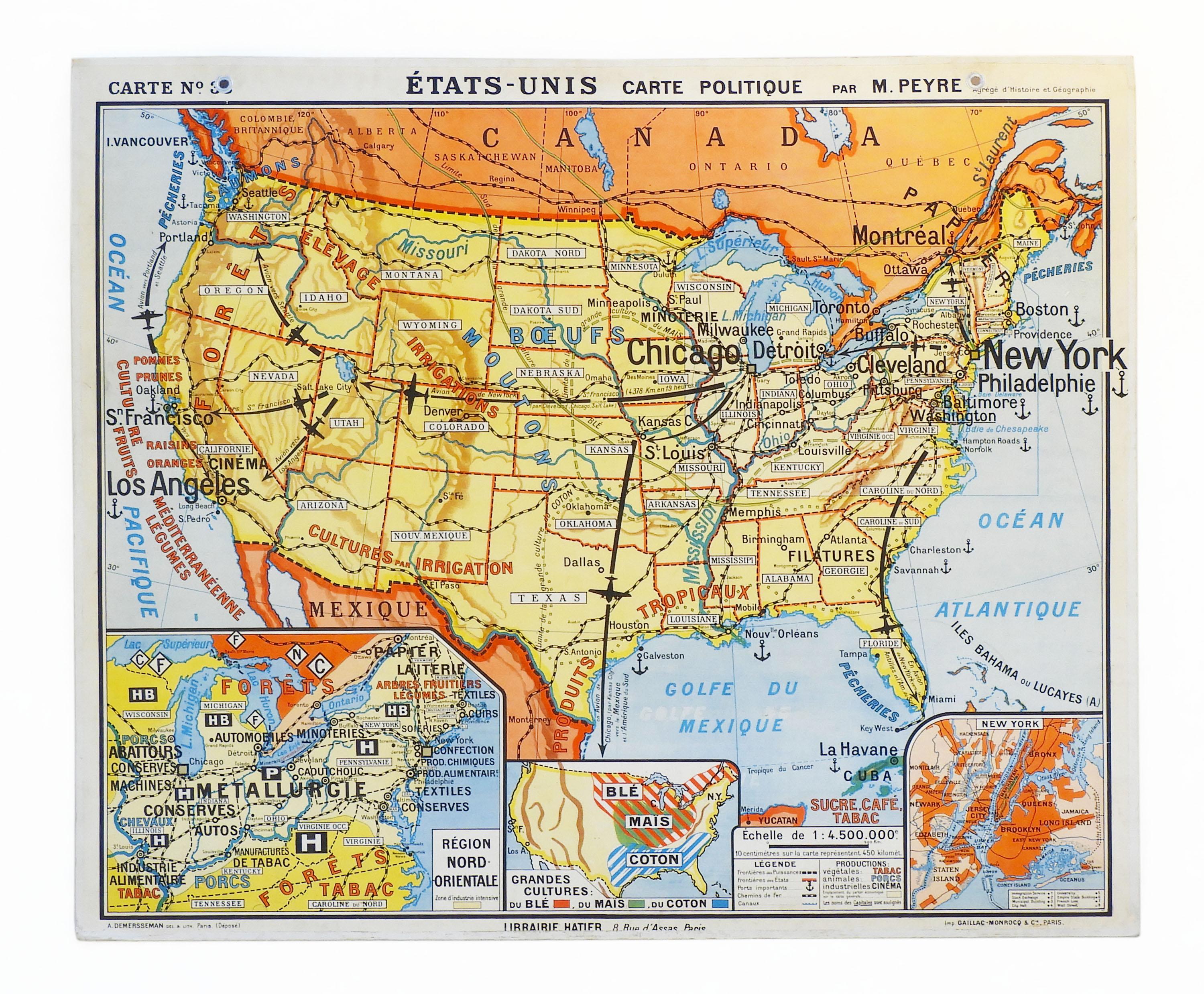 Vintage French double-sided school map of the USA from 1960s France.
Librarie Hatier 1 : 4.500.000e scale map of North America. A mid-century teaching aid showing both the physical and political attributes of 1960s America from a French