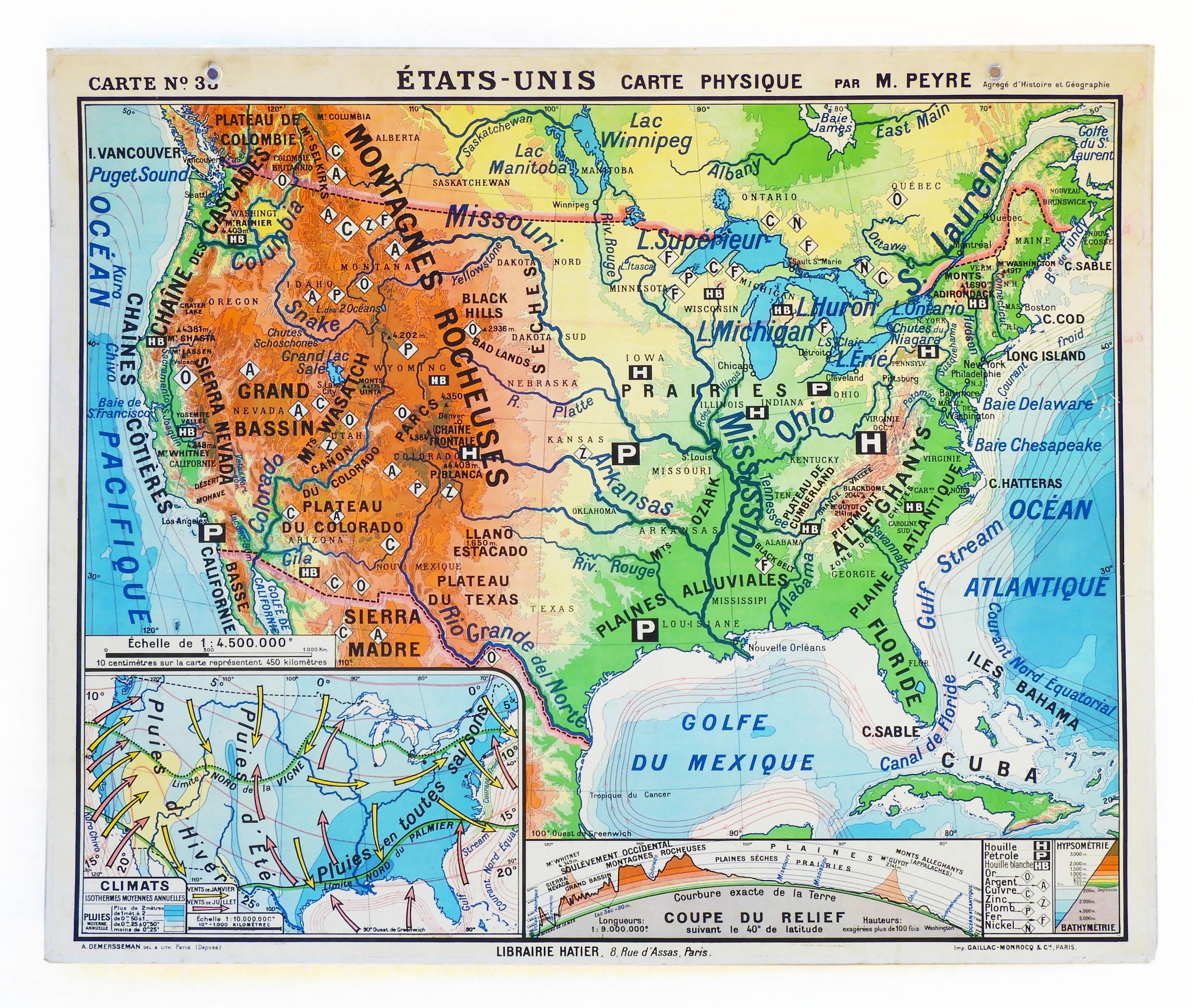 Mid-Century Modern Vintage French School Map USA C1960 