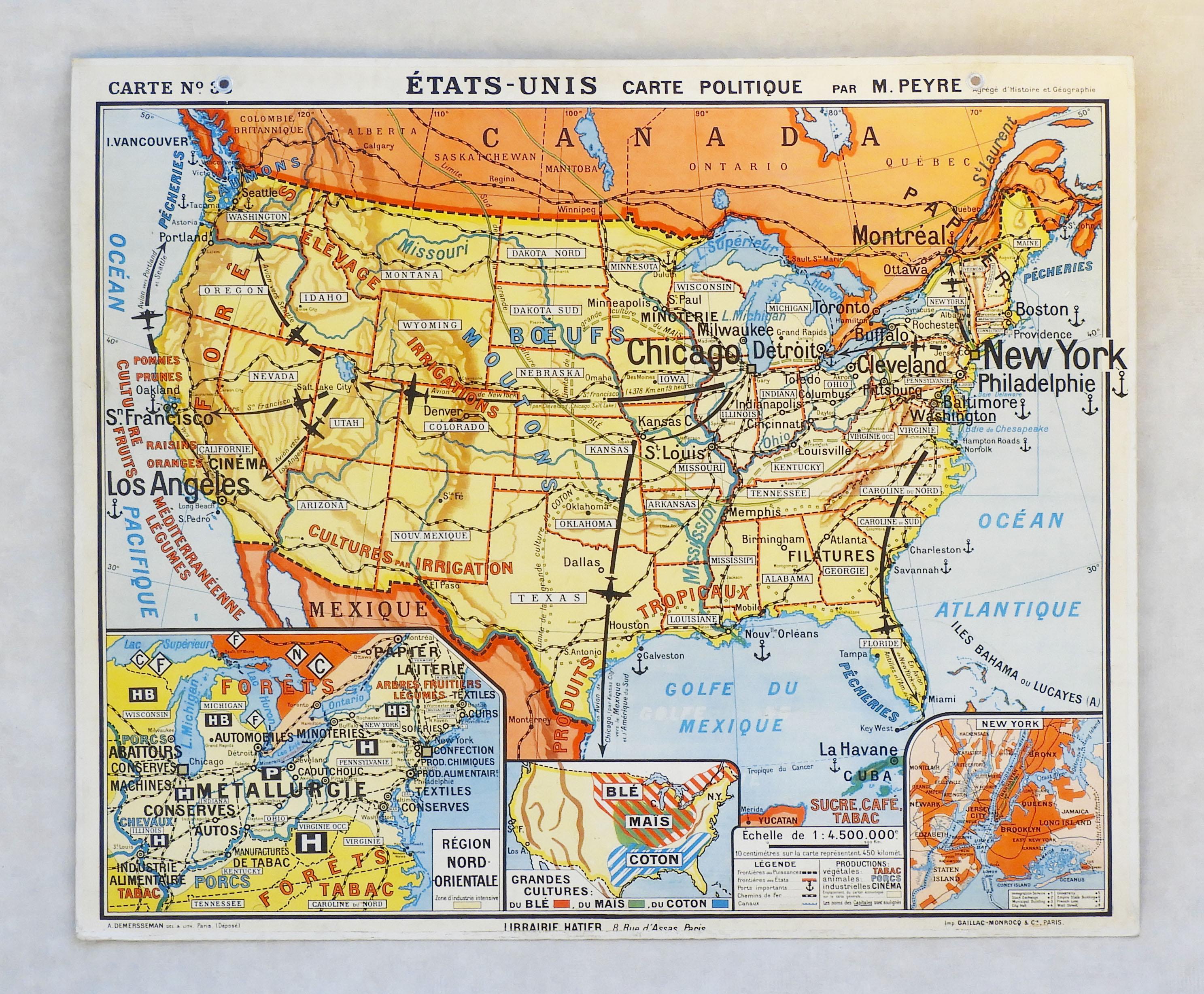Vintage French School Map USA C1960  3
