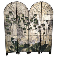Vintage French Screen with Stained Glass Effect with Flowers, 1960s