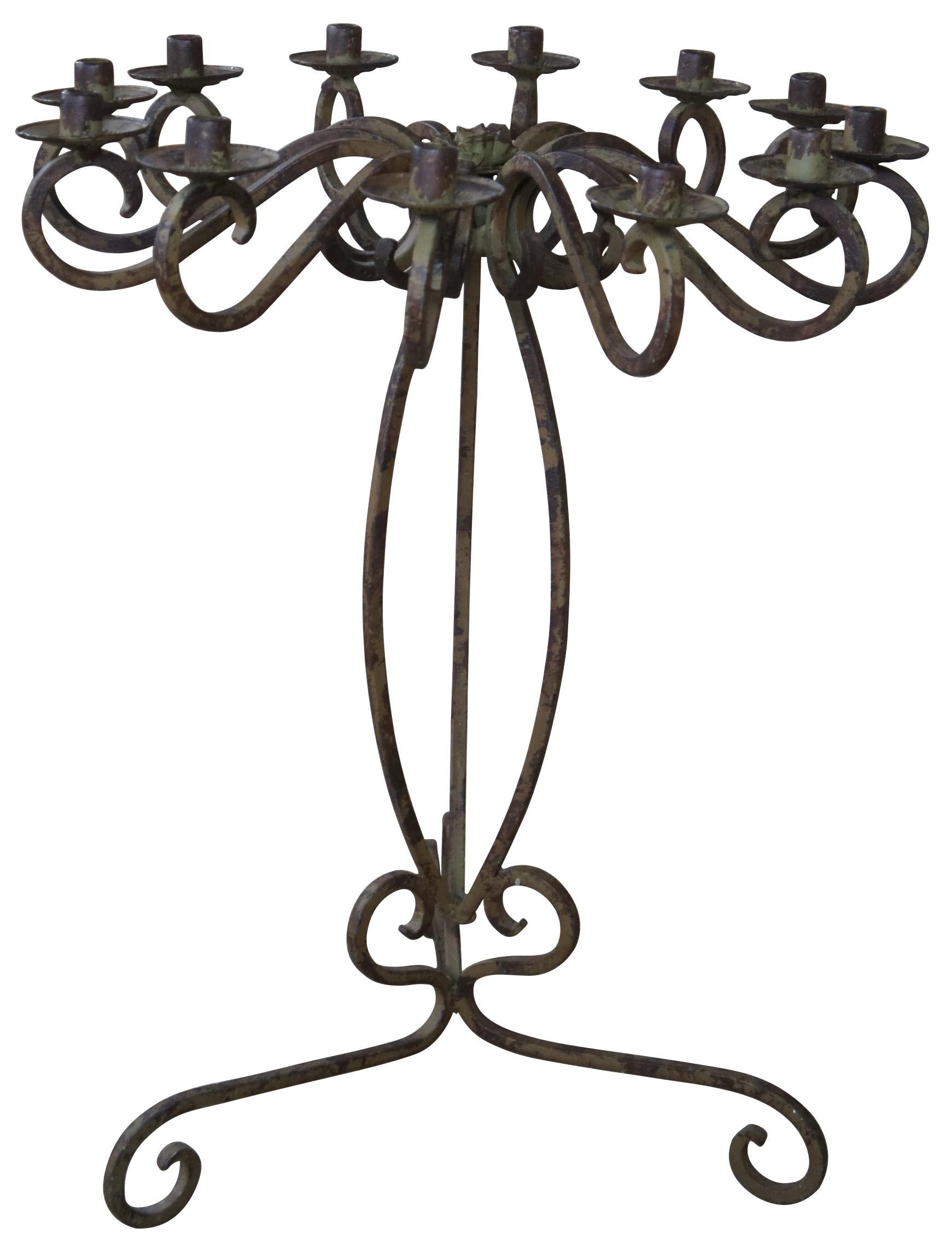 Vintage French Scrolled Iron 12 Light Altar Floor Pedestal Candelabra Gothic In Good Condition For Sale In Dayton, OH
