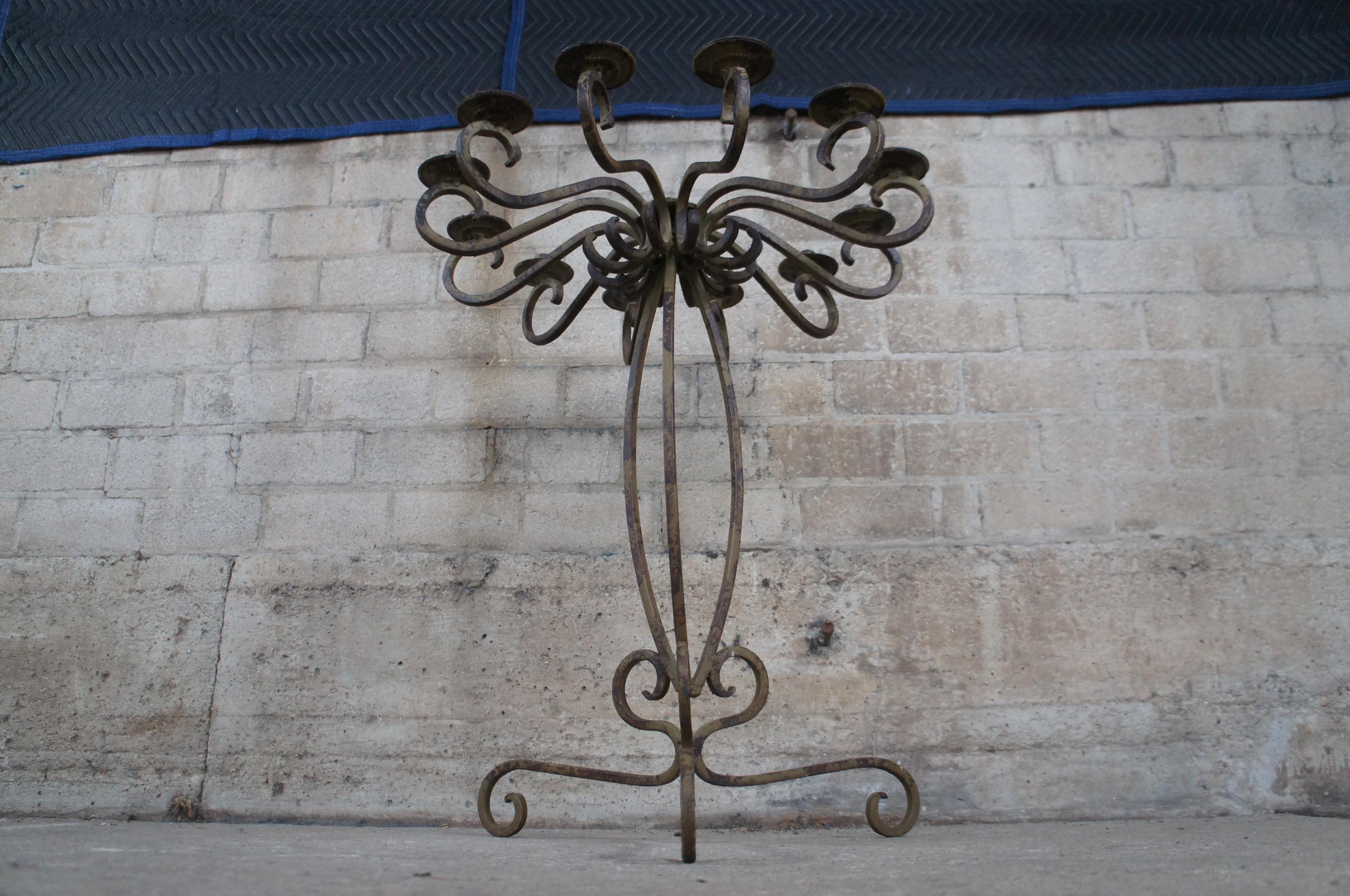 Vintage French Scrolled Iron 12 Light Altar Floor Pedestal Candelabra Gothic For Sale 5