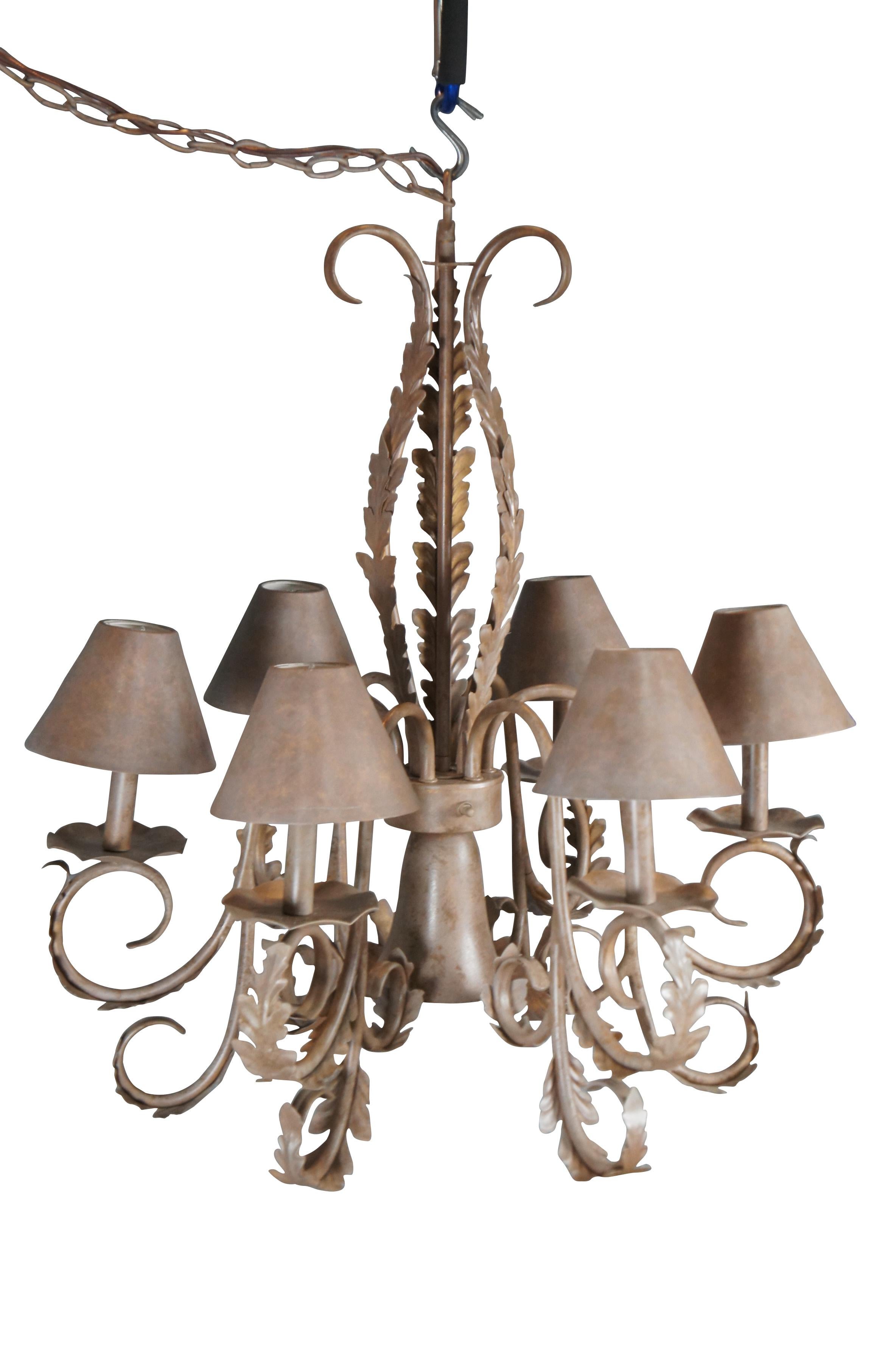 French Provincial Vintage French Scrolled Iron 7 Light Acanthus Leaf Chandelier 31