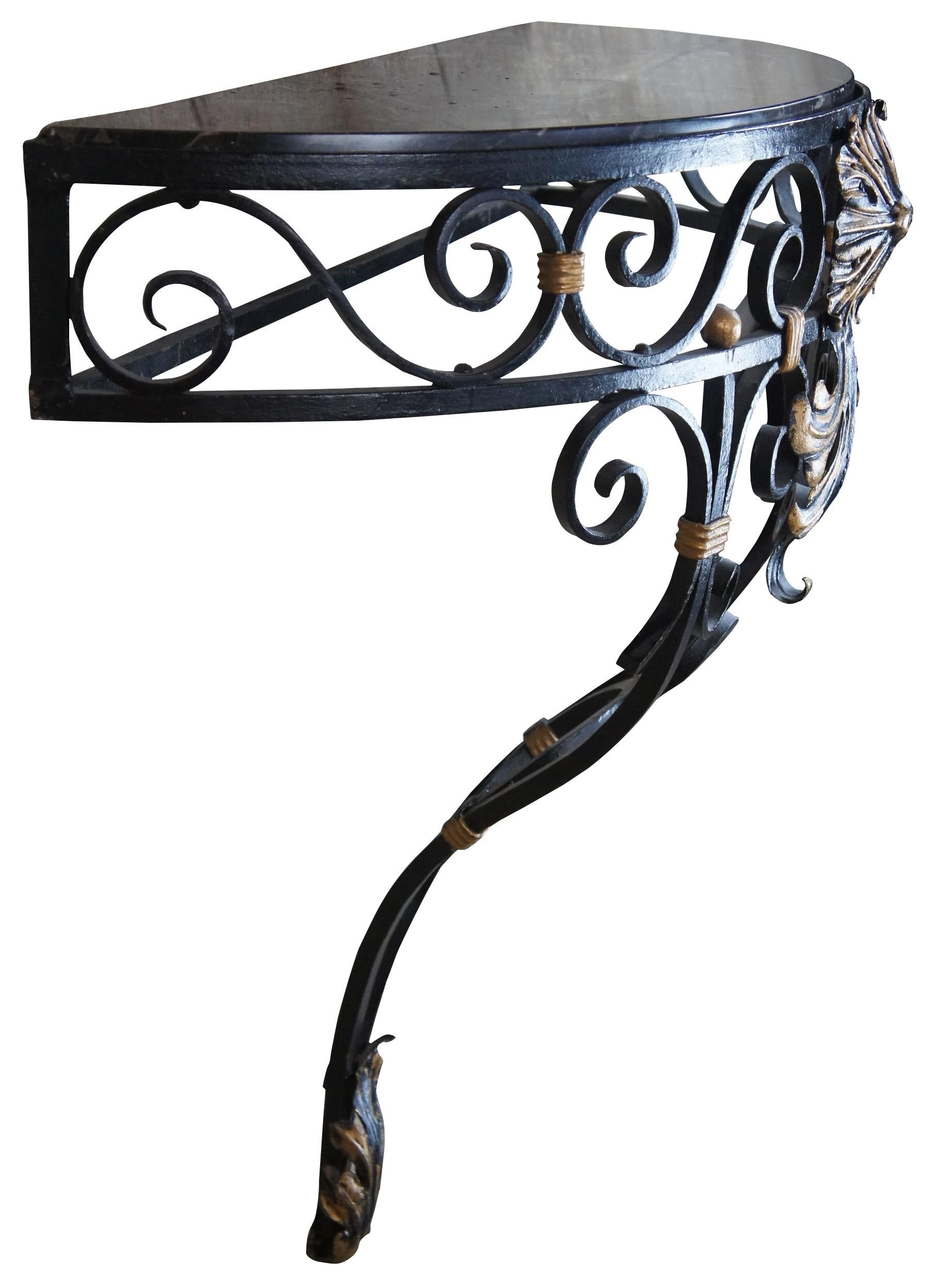 Louis XV Vintage French Scrolled Iron & Marble Wall Mount Demilune Entry Console Table 36
