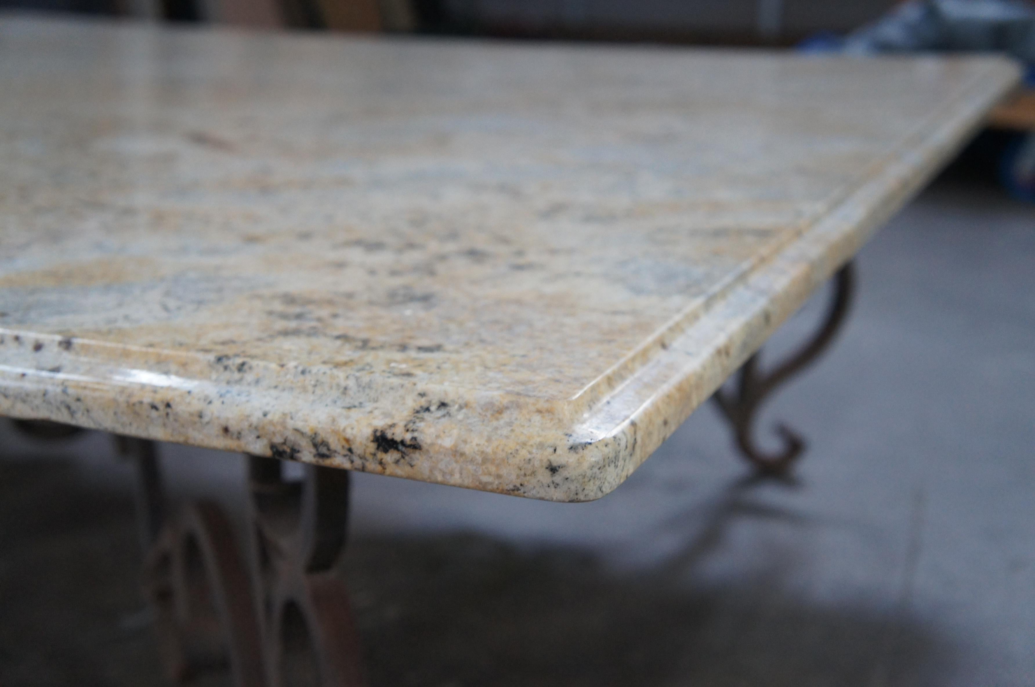 French Provincial Vintage French Scrolled Wrought Iron Square Granite Stone Coffee Table 60