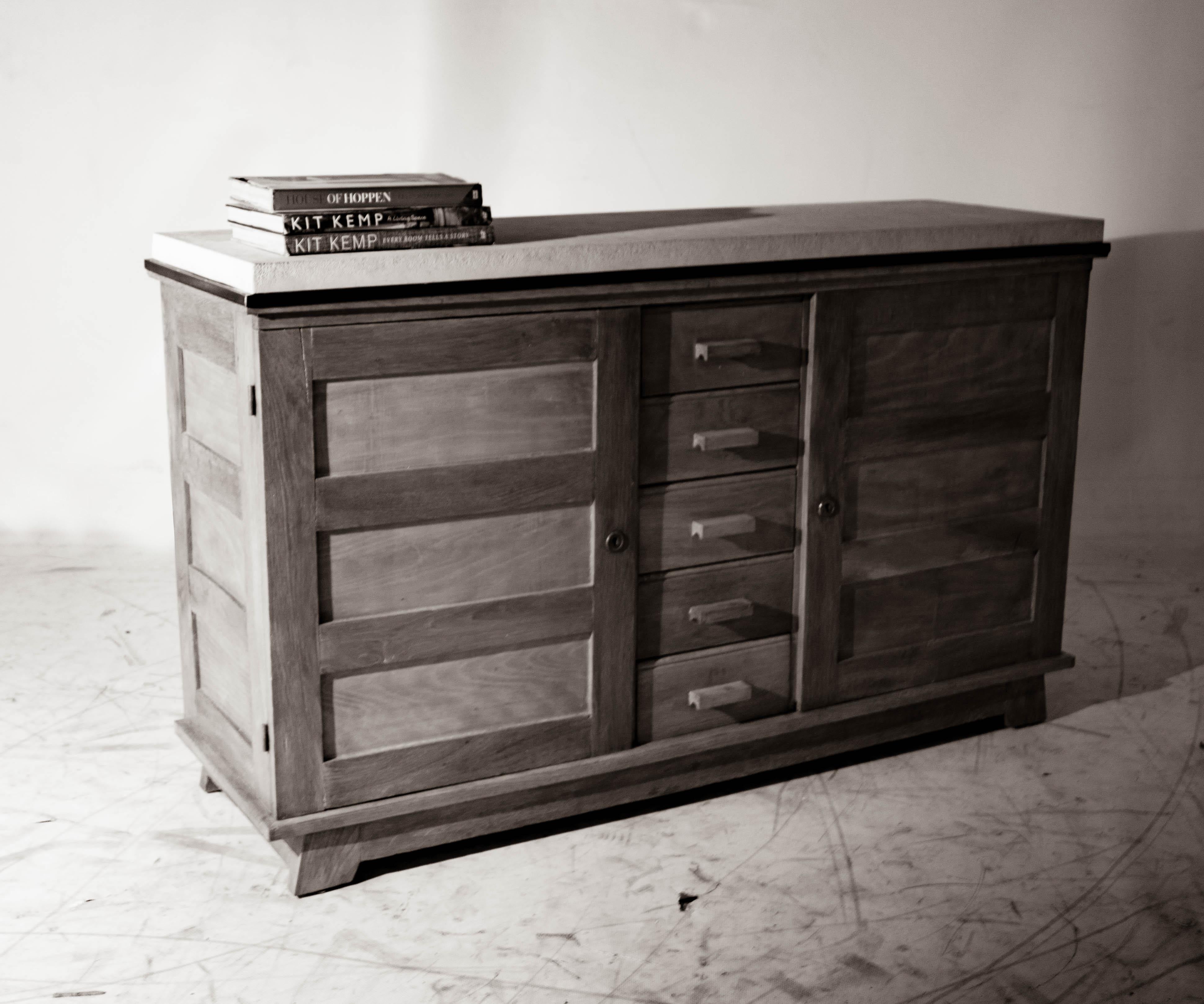 Vintage French Server in Bleached Pine and Oak with Steel Top Band w/ Heavily Weathered Limestone Top.

This piece is a part of Brendan Bass’s one-of-a-kind collection, Le Monde. French for “The World”, the Le Monde collection is made up of rare and